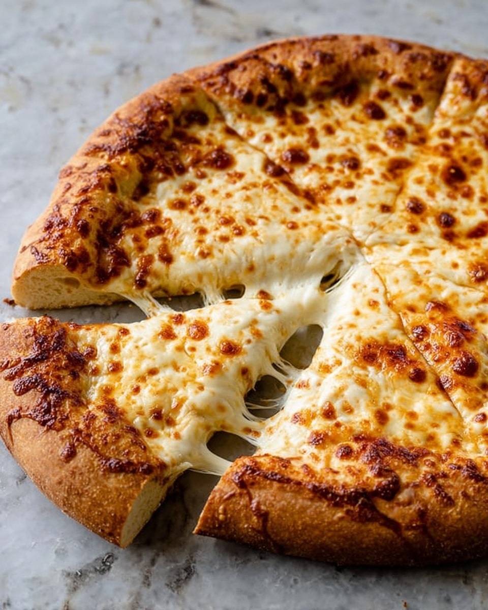 The image shows a whole cheese pizza with one slice being pulled away, revealing melted white cheese stretching between the slice and the rest of the pizza. The pizza has one main layer of gooey, golden-browned cheese on top, covering a thick crust that is light brown with some darker baked spots. The pizza is placed on a white marbled surface. Photo taken with an iphone --ar 4:5 --v 7