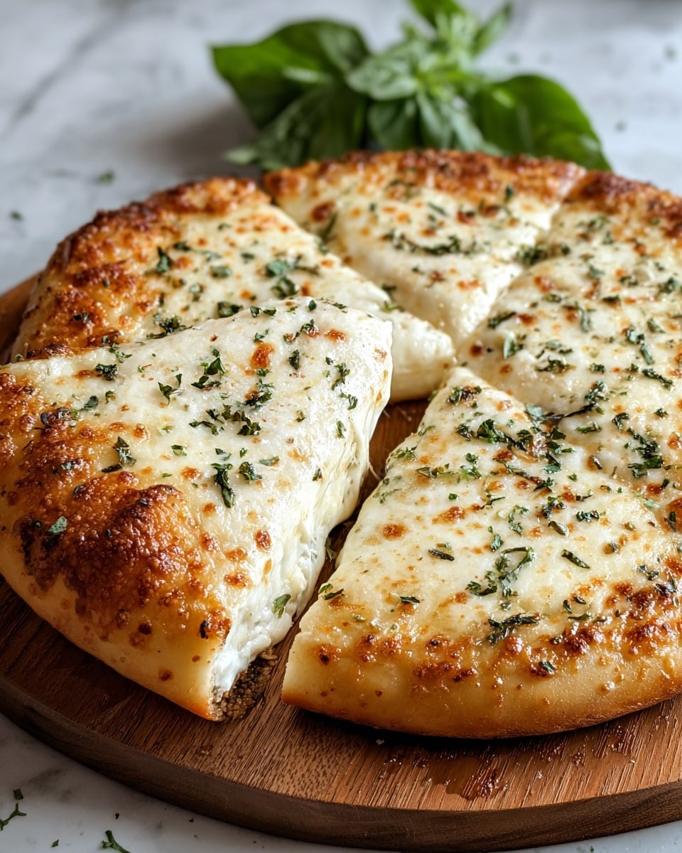 A round pizza with a thick light golden brown crust rests on a wooden board, topped with a layer of melted white cheese that has browned spots and a bubbly texture. The cheese layer is smooth and creamy, covering the dough almost to the edge, sprinkled evenly with small green herb pieces. One slice is pulled slightly away from the rest, showing the soft inside of the crust. In the background, there is a small bunch of fresh green basil leaves on a white marbled surface. Photo taken with an iphone --ar 4:5 --v 7