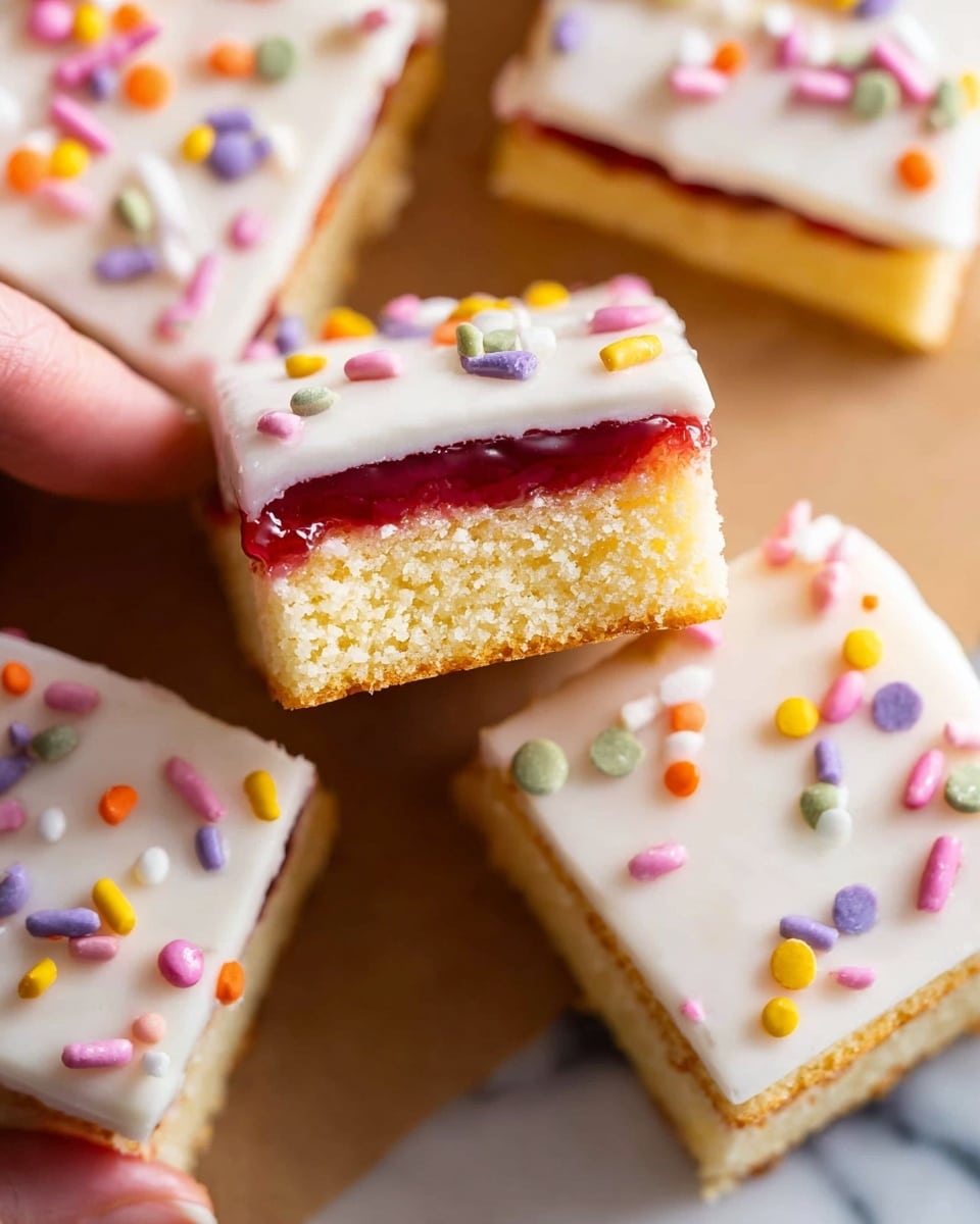 The image shows several square-shaped cake pieces with three visible layers each: a yellow sponge cake base, a bright red jelly or jam middle layer, and a thick white icing top layer. The icing is smooth and decorated with colorful round sprinkles in pink, yellow, orange, purple, blue, and red scattered on top. One piece is held by a woman's hand, showing the inside layers clearly with the jam oozing slightly. The cake pieces rest on a light brown surface with a white marbled texture partially visible on the side. photo taken with an iphone --ar 4:5 --v 7