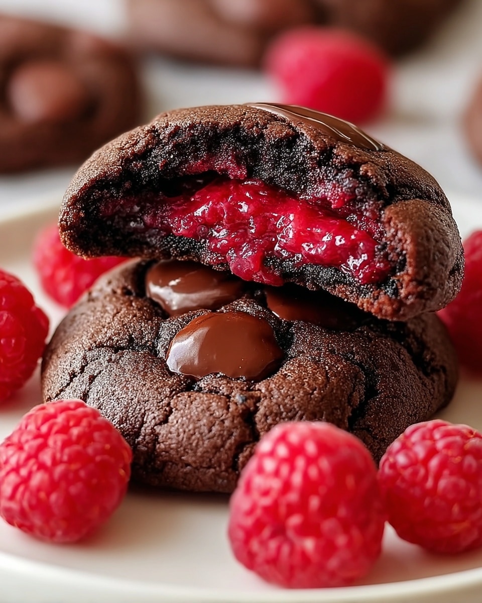 The image shows two chocolate cookies stacked on a white plate with a white marbled texture background. The bottom cookie is whole, dark brown with a slightly cracked and glossy surface. The top cookie is broken in half, revealing a bright red raspberry filling inside. Around the cookies on the plate are fresh raspberries, bright red with a textured surface. The cookies have a soft, rich texture with chunks of melted chocolate on top. Photo taken with an iphone --ar 4:5 --v 7
