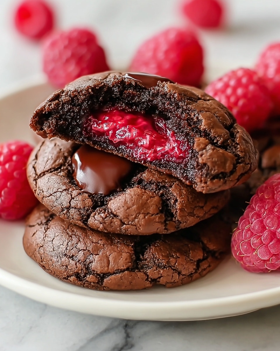 The image shows two chocolate cookies stacked on a white plate, with the top cookie broken in half to reveal a red raspberry filling inside. The cookies have a cracked, slightly glossy dark brown surface with a rough texture. Around the cookies on the plate, there are whole bright pink raspberries with a bumpy texture. The background is a white marbled surface that adds a clean and bright look to the scene. photo taken with an iphone --ar 4:5 --v 7