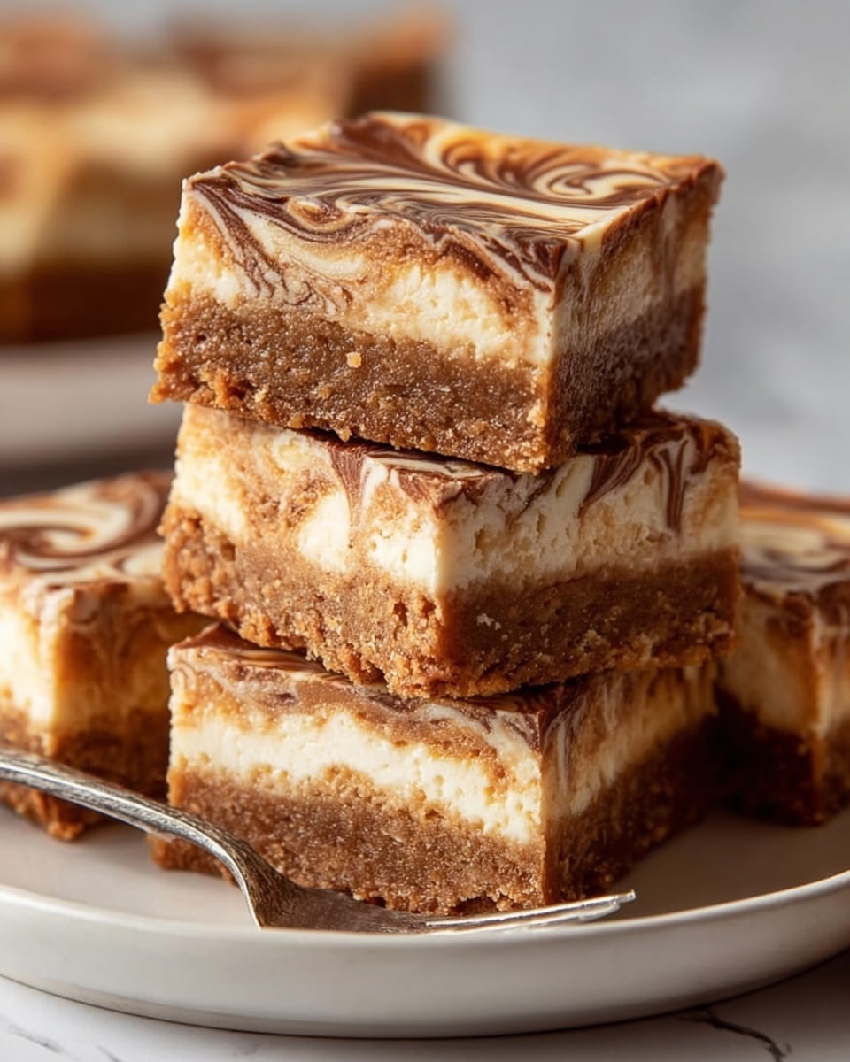 A close-up image of four layered dessert bars stacked on a white plate with a silver fork beside them resting on the plate. Each dessert bar has three visible layers: a bottom layer of dense, light brown crumbly texture, a middle layer that is slightly lighter brown and smooth, and a top layer with swirled patterns of creamy beige and darker brown colors, resembling a marbled effect. The edges are straight with a clean cut, and the background shows a subtle white marbled texture that is out of focus. Photo taken with an iphone --ar 4:5 --v 7
