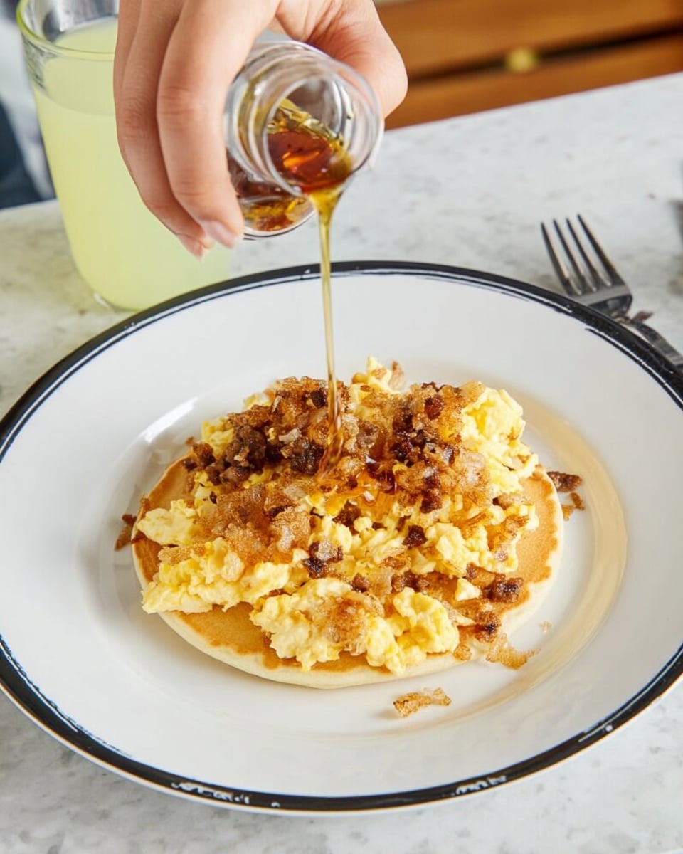 A white plate with a black lined rim holds a single round pancake as the base layer, light brown and soft in texture. On top of the pancake there is a thick layer of golden scrambled eggs mixed with crispy brown hash browns and bits of browned sausage. A woman's hand is pouring a thin stream of syrup over the egg mixture. The plate sits on a white marbled surface with a glass of light yellow drink and a fork visible on the side. photo taken with an iphone --ar 4:5 --v 7