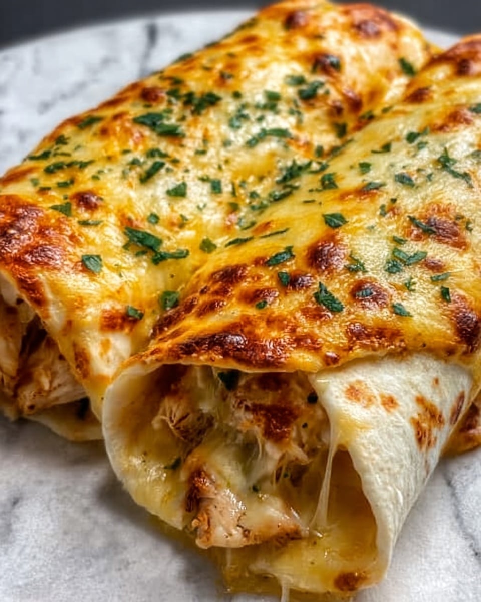 The image shows two large rolled tortillas filled with cooked chicken and melted yellow cheese. The tortillas are topped with a thick layer of bubbly, golden-brown melted cheese and small bits of green herbs sprinkled on top. The edges of the cheesy layer look slightly crispy. The close-up view highlights the gooey texture of the cheese and the soft, lightly browned tortillas. The background has a white marbled texture. Photo taken with an iphone --ar 4:5 --v 7