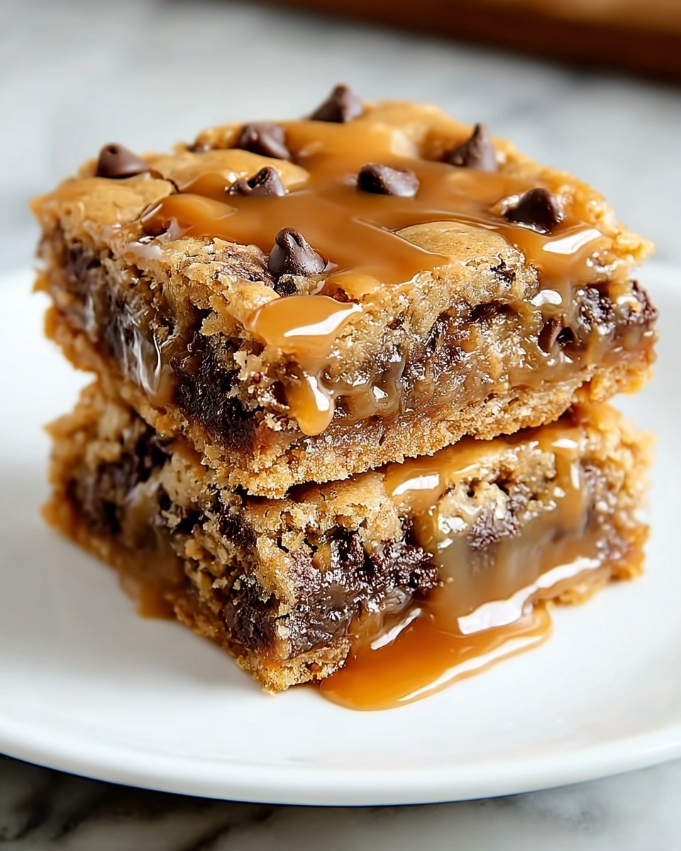 Two square chocolate chip cookie bars are stacked on a white plate. Each bar has three visible layers: a golden-brown crispy top with glossy caramel drizzle and scattered dark chocolate chips, a thick gooey middle layer rich with melted chocolate chunks and caramel, and a slightly crumbly golden-brown bottom crust. The bars glisten with caramel dripping slightly down the sides, showing a dense and chewy texture inside. The plate is set on a white marbled surface. photo taken with an iphone --ar 4:5 --v 7