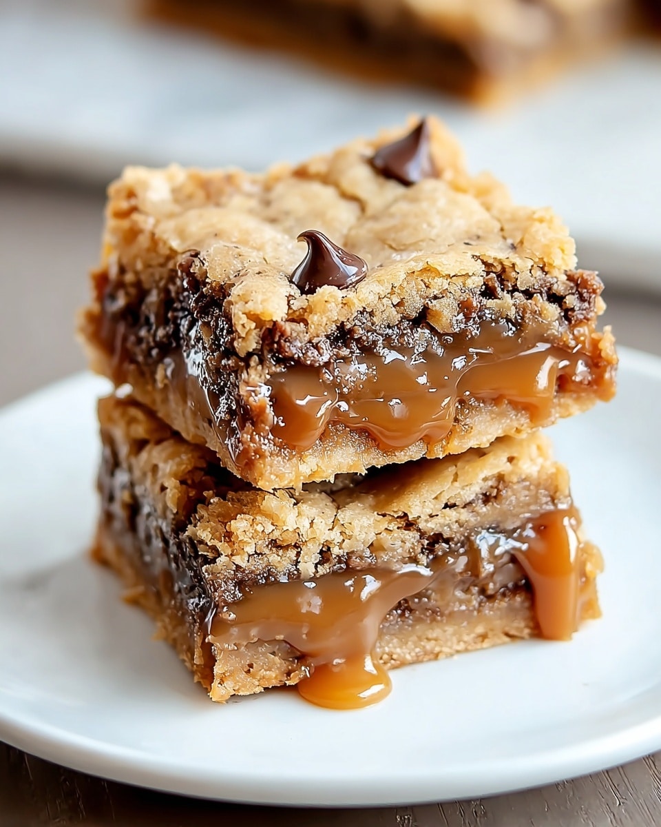 Two square cookie bars are stacked on a white plate with a white marbled surface background. Each bar has three visible layers: a lightly golden brown, crumbly top layer with a few shiny chocolate chips, a thick middle layer filled with melted dark chocolate chunks and gooey caramel that slightly oozes out, and a firm, slightly cracked bottom crust in a similar golden brown color. The caramel drips down the sides, making the bars look rich and sticky, with a mix of rough and smooth textures. Photo taken with an iphone --ar 4:5 --v 7