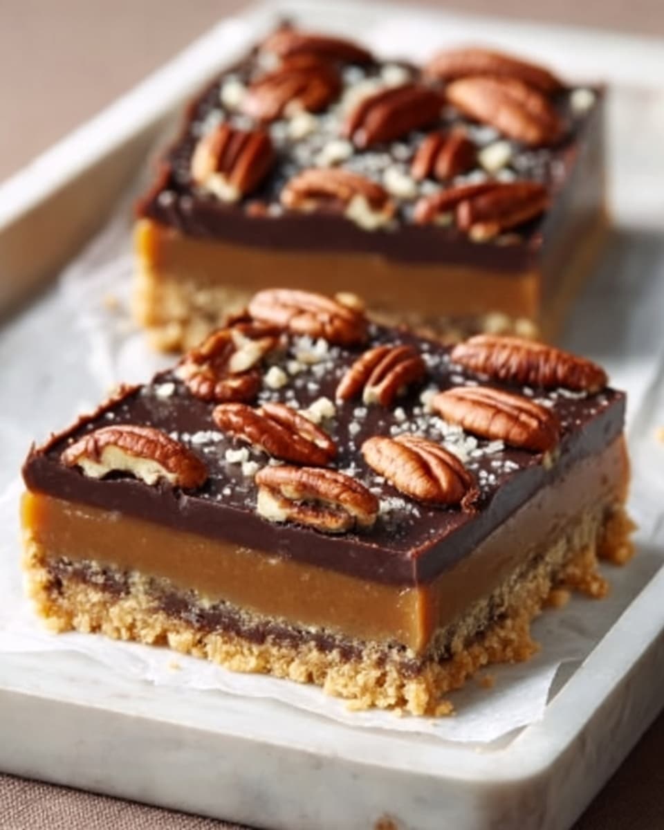 The image shows two square pieces of a layered dessert on white parchment paper placed on a white rectangular tray. The dessert has three distinct layers: the bottom layer is a crumbly golden-brown base, the middle layer is light caramel-colored and smooth, and the top layer is dark chocolate with a glossy texture. The top is decorated with whole pecan halves and small chopped pecans scattered evenly across the surface. Photo taken with an iphone --ar 4:5 --v 7