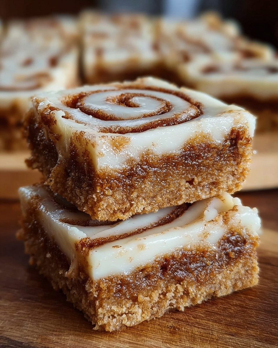 The image shows two stacked cinnamon roll bars with a swirl pattern on top, cut into square shapes. Each bar has three visible layers: a light brown crumbly base, a thick middle cinnamon-spiced layer of darker brown color, and a glossy, creamy white glaze layer on top with cinnamon specks forming clear spiral lines. In the blurred background, more of these bars are spread out on a wooden surface. The focus captures the texture of the glaze and the cinnamon filling inside. photo taken with an iphone --ar 4:5 --v 7