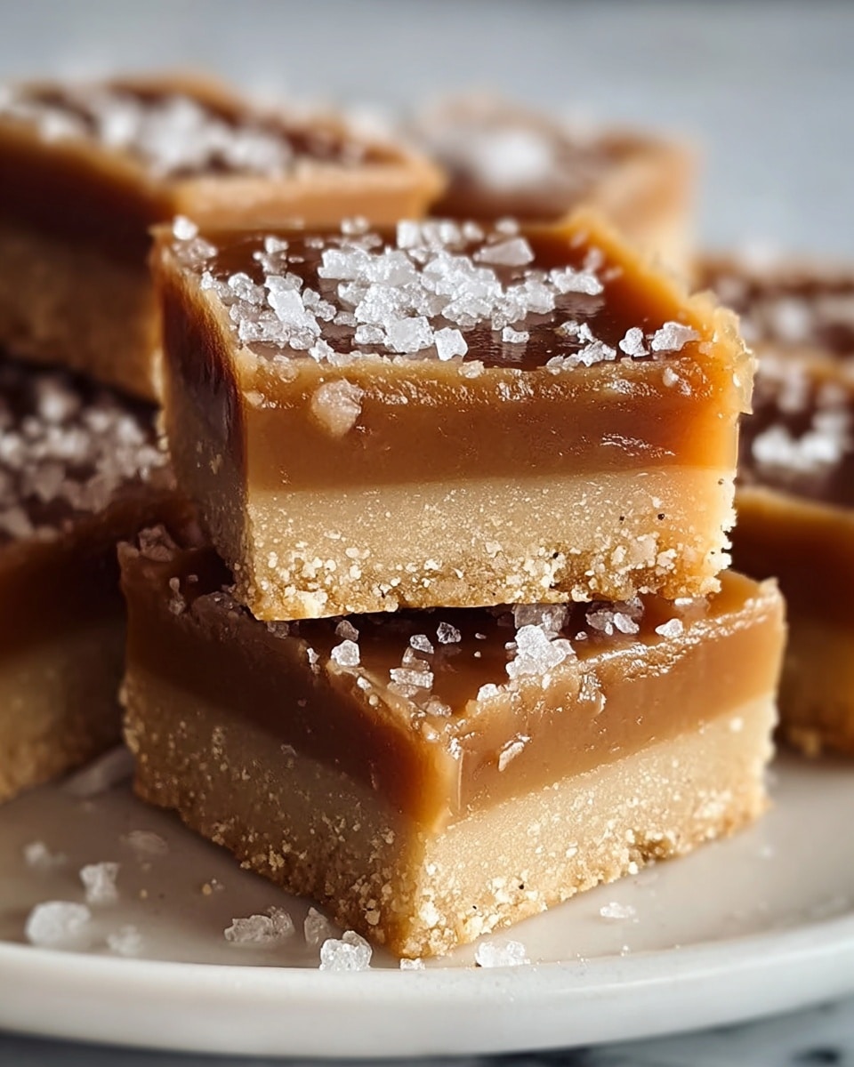 The image shows a close-up of a square caramel bar cut into small pieces, stacked neatly on a white plate placed on a white marbled surface. The bar has three layers: a crumbly, light beige crust at the bottom with a coarse texture, a thick middle layer of rich, dark caramel that looks smooth and glossy, and a thin top layer of lighter caramel, almost creamy in color, sprinkled generously with large, coarse salt crystals. Some salt crystals have fallen onto the plate, adding texture. The caramel layers look soft and slightly sticky with a shiny finish. Photo taken with an iphone --ar 4:5 --v 7