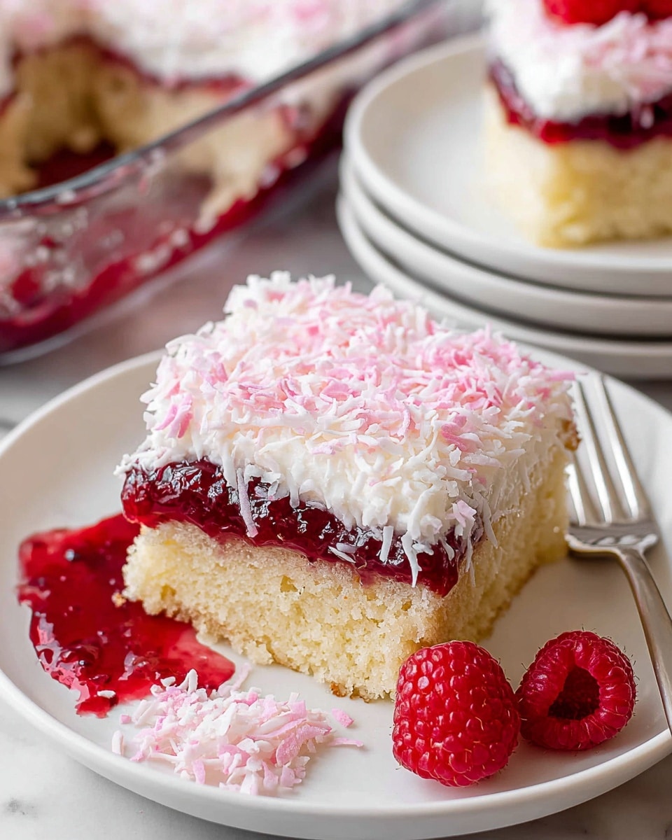 A square piece of cake on a white plate shows three layers: the bottom layer is a thick, light yellow sponge cake with a soft texture, the middle layer is a dark red jam or jelly with a glossy and slightly chunky look, and the top layer is a thick white cream covered with a generous amount of shredded pink coconut flakes. Next to the cake piece on the plate are two fresh red raspberries and some scattered pink coconut flakes with a slight smear of jam on the plate. In the background, there is a clear glass dish containing the same layered cake and a stack of white plates with another small piece of cake topped with a raspberry. The setting is on a white marbled surface. photo taken with an iphone --ar 4:5 --v 7
