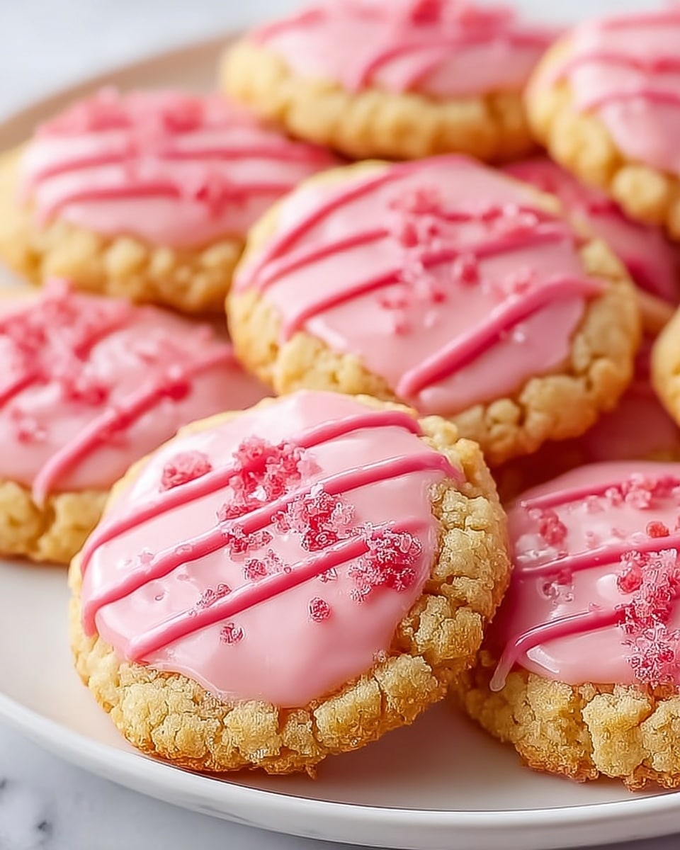 A group of round cookies on a white plate, each cookie has two layers: the bottom layer is a light golden, crumbly cookie base with a rough texture, and the top layer is a smooth, shiny pink glaze with some crumbled bits sprinkled on it. Bright pink icing drizzles are neatly placed in diagonal lines across the top of each cookie, adding a glossy and smooth texture. The overall look is colorful and soft, with the cookies placed close together on a white marbled surface. photo taken with an iphone --ar 4:5 --v 7