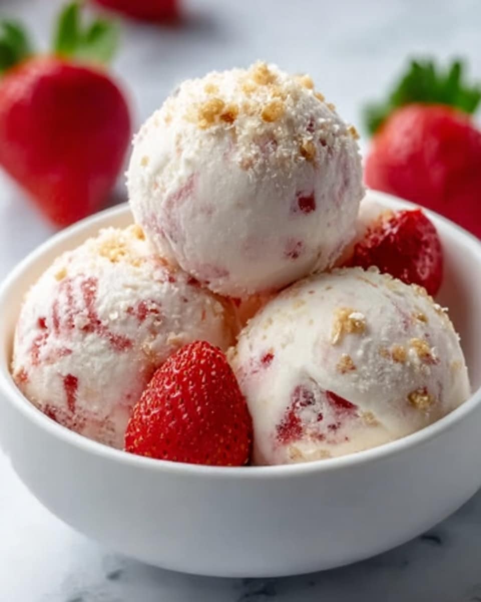 The image shows a close-up of three round ice cream balls in a white bowl, with small red fruit pieces mixed inside, giving a pinkish-white color with a creamy texture. The top of each ice cream ball has a light sprinkle of crushed nuts or crumbs. Around the ice cream balls, there are three bright red strawberries with visible seeds, adding a fresh look to the scene. The background has a white marbled surface, softly blurred to keep focus on the bowl. Photo taken with an iphone --ar 4:5 --v 7
