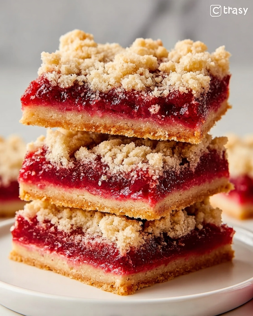 Three stacked dessert bars are shown, each with three distinct layers. The bottom layer is a light golden-brown, firm crust. The middle layer is a thick, bright red fruit filling with a slightly glossy texture. The top layer is a pale crumbly streusel topping with small uneven clumps scattered across the surface. The bars are neat squares, and they sit on a white plate with a white marbled background. Photo taken with an iphone --ar 4:5 --v 7