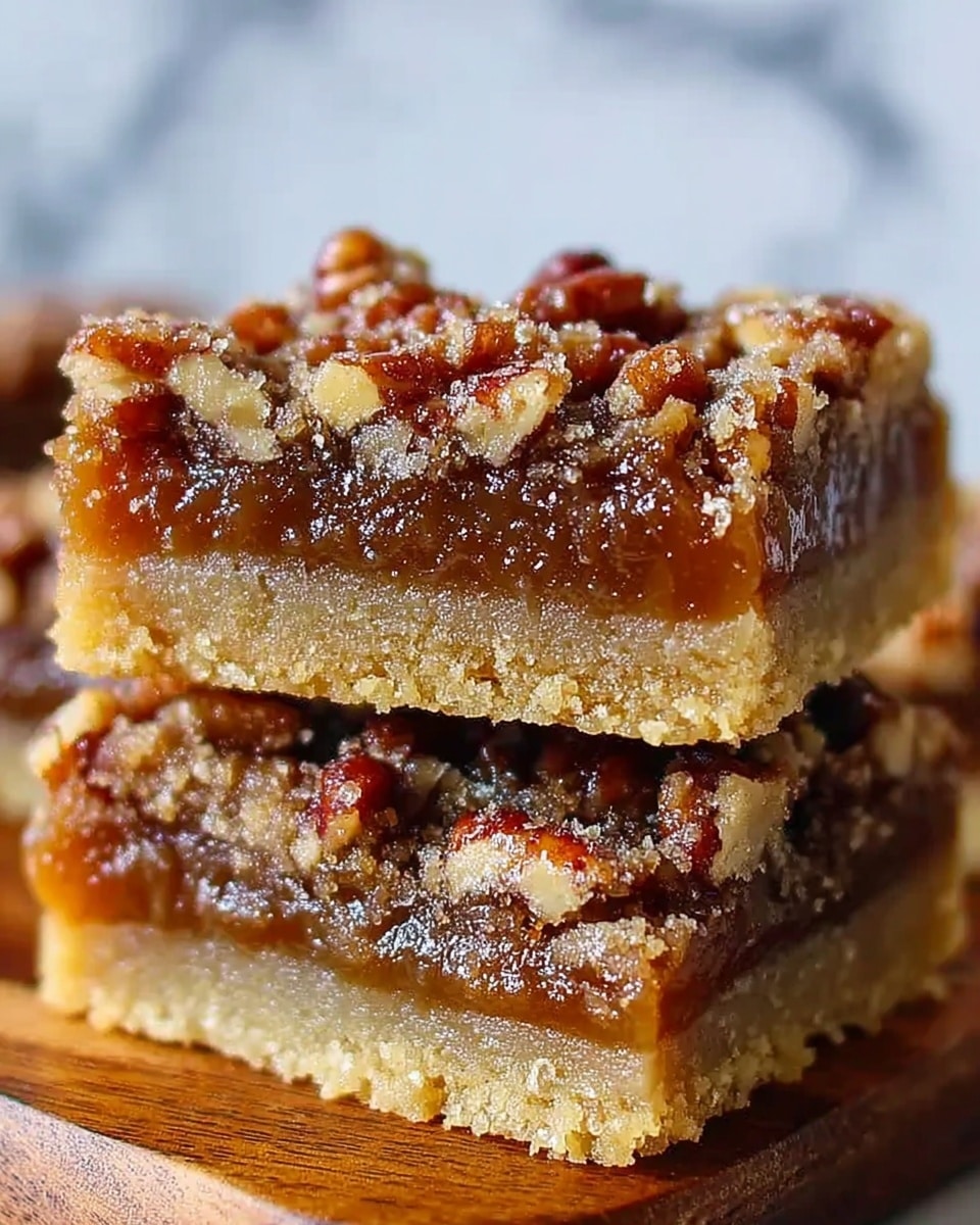 The image shows two stacked pecan bars with three clear layers visible. The bottom layer is a thick, crumbly, light golden crust with a slightly grainy texture. The middle layer is a gooey, caramel-like filling with a rich amber color and a shiny surface. The top layer is a dense cluster of chopped pecans, coated in a sticky syrup that gives it a glossy, dark brown appearance with a rough texture. The bars sit on a wooden surface with a blurred white marbled background. Photo taken with an iphone --ar 4:5 --v 7