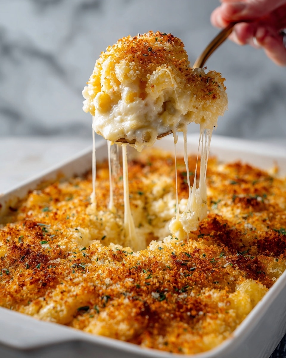 A white baking dish filled with a creamy macaroni and cheese casserole, topped with a golden-brown breadcrumb crust that is crispy and slightly uneven with some herbs sprinkled on top. A woman's hand is holding a spoon lifting a portion of the casserole, showing stretchy melted cheese strings hanging down from the scoop. The interior layer is thick and creamy with melted cheese and cooked pasta, contrasting with the crunchy, browned topping. The background has a white marbled texture. photo taken with an iphone --ar 4:5 --v 7