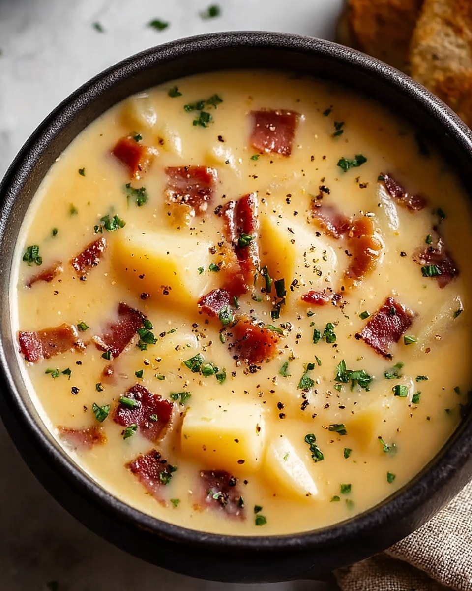 A black bowl filled with creamy, light yellow soup that has visible chunks of soft, pale yellow potatoes and small pieces of dark red bacon scattered throughout. The soup is sprinkled with finely chopped green herbs and specks of black pepper on top, adding texture and color contrast. The background is a soft focus with a white marbled surface, highlighting the bowl's contents. Photo taken with an iphone --ar 4:5 --v 7