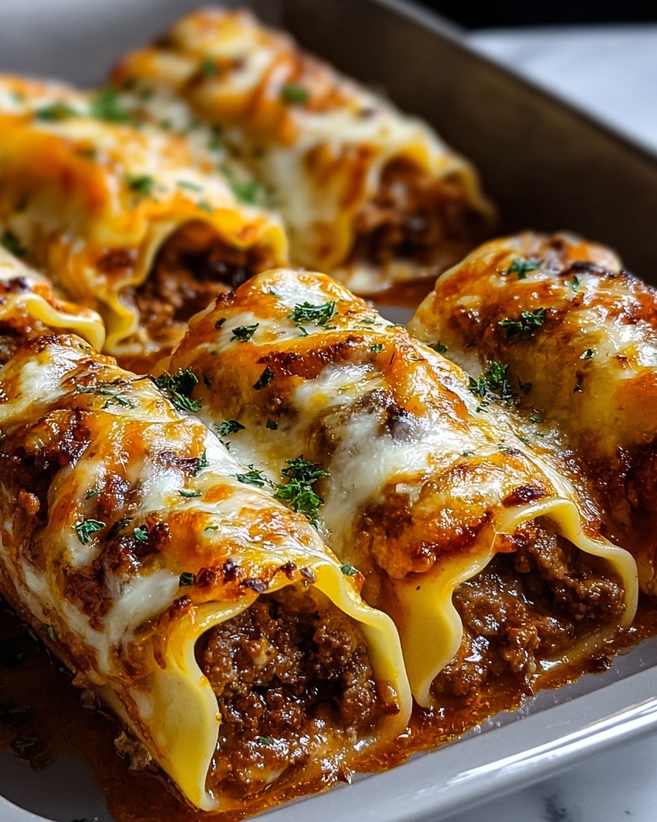The image shows a close-up of several cheesy baked stuffed pasta rolls placed side by side in a row. Each roll has three clear layers: the outer pasta shell is pale and smooth with a light golden-brown baked texture, inside there is a rich and crumbly ground beef filling with a deep brown color mixed with melted cheese. On top, the melted cheese layer is bubbly, golden with some darker browned spots, and sprinkled with small green herb pieces scattered across the surface. The rolls are on a white baking dish set on a white marbled texture surface. photo taken with an iphone --ar 4:5 --v 7