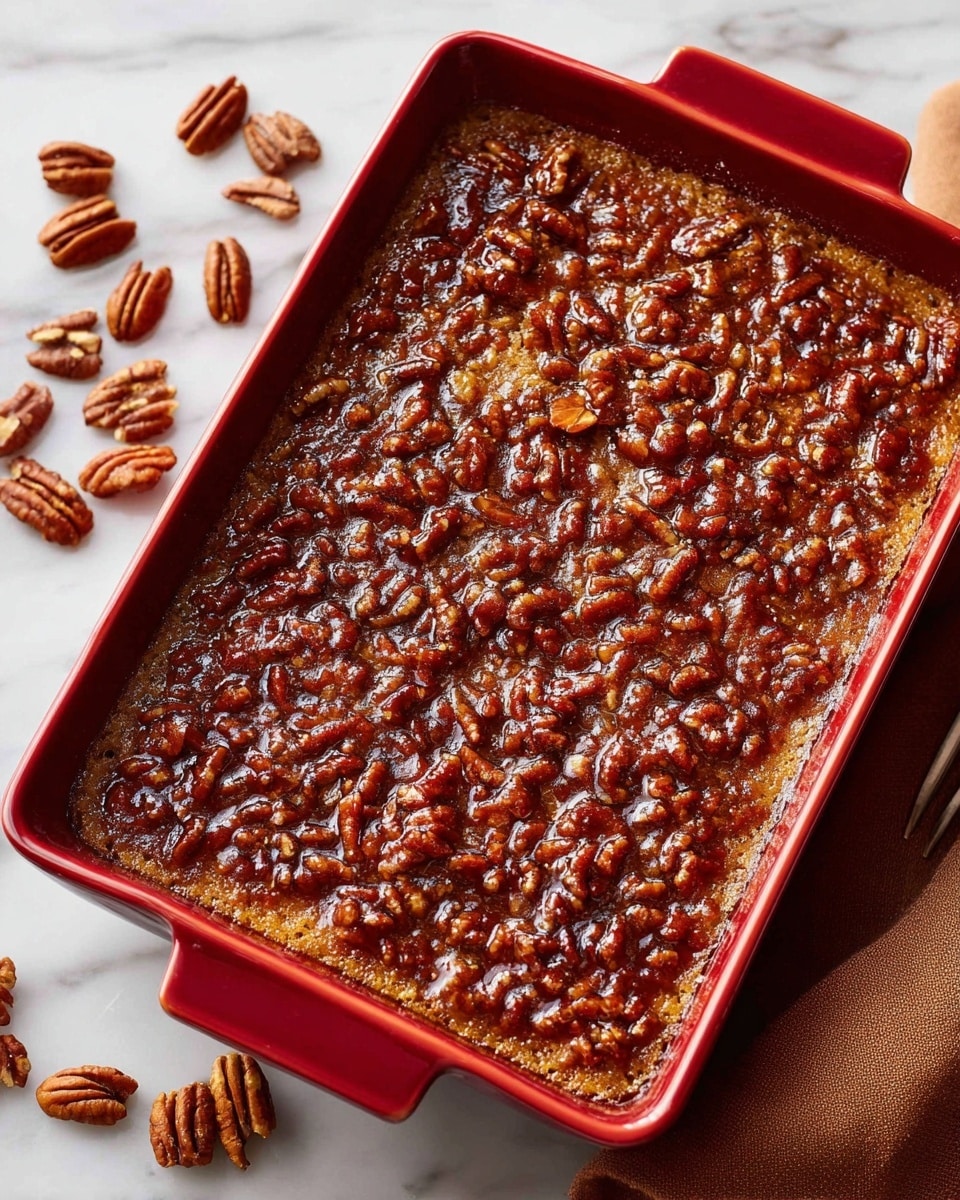 A rectangular red baking dish filled with a pecan dessert that has two visible layers; the bottom layer is a golden crust seen at the edges, while the top layer is a rich, glossy mix of chopped pecans in a sticky, caramelized brown syrup, giving a textured and shiny surface. The dish is placed on a white marbled surface, scattered with whole pecans around it, and a brown cloth is partially visible under the dish on the right side. Photo taken with an iphone --ar 4:5 --v 7