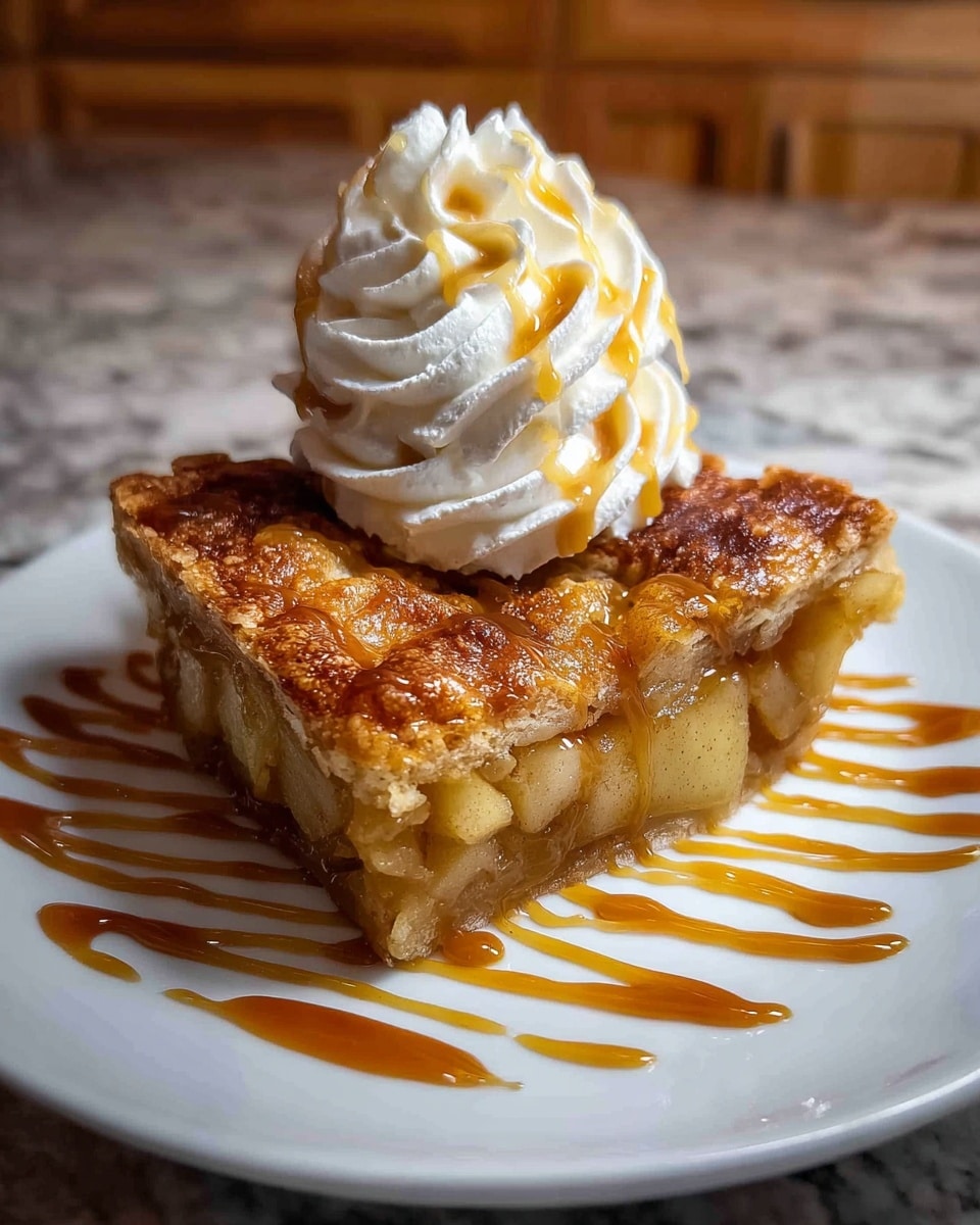 A square slice of apple pie with a golden-brown, crispy top layer and visible soft apple filling beneath, placed centrally on a white plate. On top of the pie sits a large swirl of white whipped cream, drizzled with light brown caramel sauce that also decorates the plate around the pie in a zigzag pattern. The background shows a warm wooden kitchen setting with a white marbled surface under the plate. photo taken with an iphone --ar 4:5 --v 7