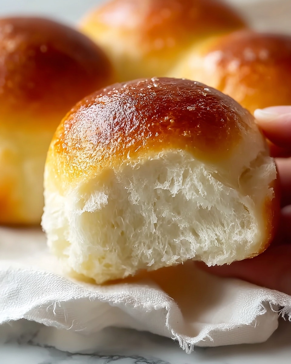 The image shows a close-up of a soft, fluffy bread roll with a shiny, golden brown top crust. The roll is torn open to reveal a light, airy, and moist white inside with a delicate texture. The bread sits on a white cloth, and a woman's hand is gently holding the side of the roll, highlighting the contrast between the smooth, glossy top and the soft, pillowy interior. The background includes other similar rolls slightly out of focus on a white marbled surface. photo taken with an iphone --ar 4:5 --v 7