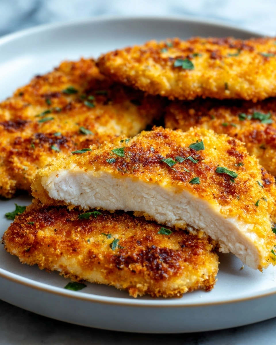 The image shows a close-up of four golden-brown breaded chicken cutlets on a white plate. One cutlet is cut in half, revealing the juicy and white inside meat with a crispy crunchy coating. The breading is evenly browned with some green herb pieces sprinkled on top for color. The plate is set on a white marbled surface, creating a clean and bright background. Photo taken with an iphone --ar 4:5 --v 7