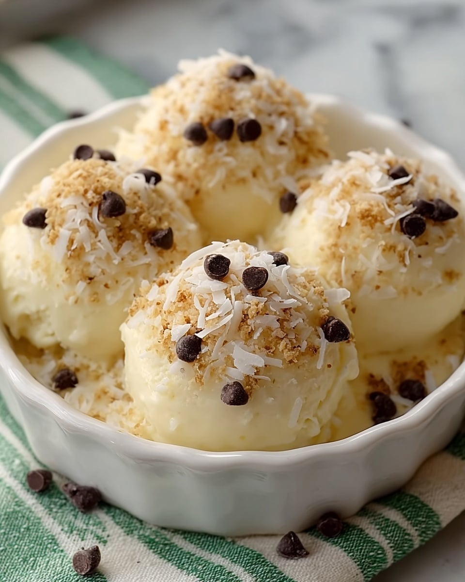 The image shows four scoops of creamy, pale yellow dessert placed close together in a white, gently scalloped dish. Each scoop is topped with a layer of light brown crumbly bits and thin white flakes, likely shredded coconut. Scattered on top and around the scoops are small, dark chocolate chips, creating a contrast against the pale dessert. The dish rests on a white marbled texture with a green-striped cloth partially visible beneath it. photo taken with an iphone --ar 4:5 --v 7