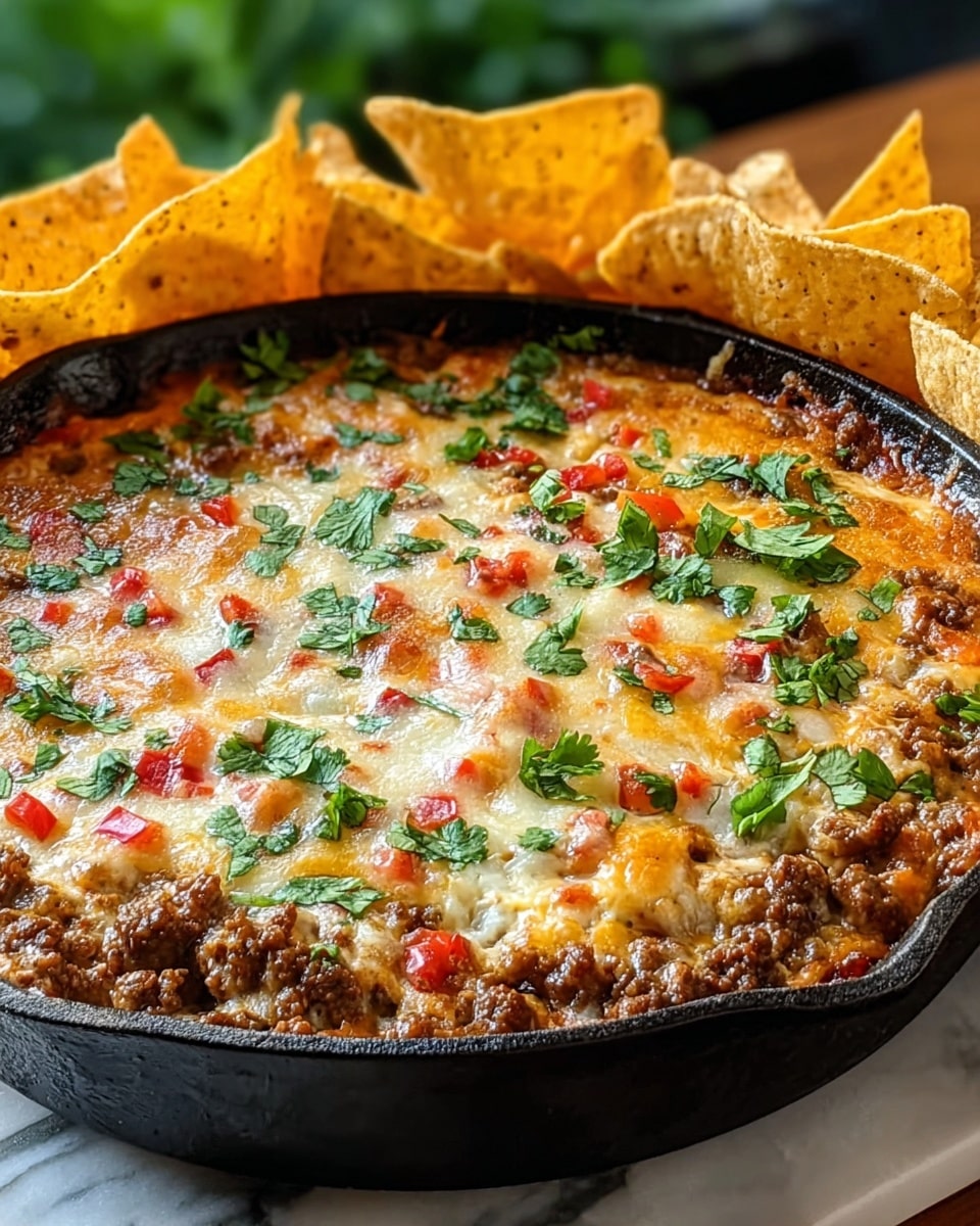 A deep round black cast iron skillet filled with a baked dish showing three main layers: the bottom layer has browned ground meat mixed with diced red and green peppers, the middle layer is melted golden and white cheese that looks bubbly and stretchy, and the top layer is scattered fresh green cilantro leaves adding a fresh hint. On one side of the skillet, golden tortilla chips stand upright around the edge, suggesting a dip or casserole. The skillet sits on a white marbled surface with a blurred green background. photo taken with an iphone --ar 4:5 --v 7