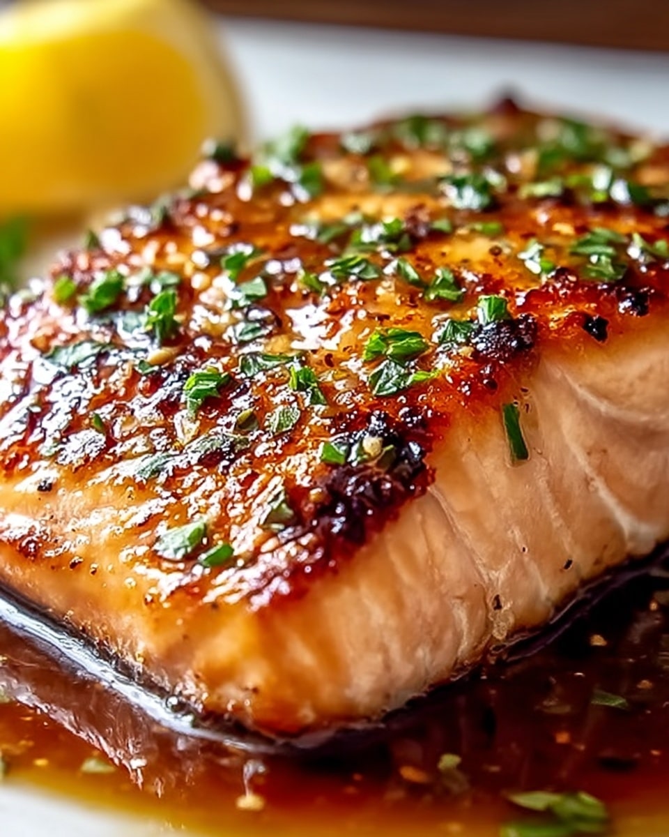 A close-up image of a cooked salmon fillet with a golden brown, slightly charred crust on top, sprinkled with chopped green herbs, sitting in a shallow pool of glossy brown sauce with visible oil reflections, and a blurred yellow lemon wedge in the background; the salmon's pink flesh shows distinct grill marks with a moist texture. The surface is a white marbled texture. photo taken with an iphone --ar 4:5 --v 7