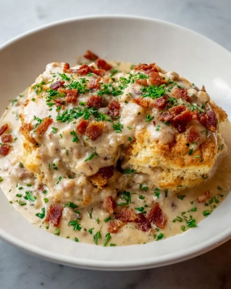 A white plate holds a creamy dish with two large biscuit halves on top, covered in thick, white sausage gravy with visible bits of sausage. The biscuits are golden brown and slightly crumbly. The gravy looks smooth and rich, spreading out around the biscuits on the plate. The dish is sprinkled with finely chopped green herbs and small pieces of crispy brown bacon, adding color and texture contrast. The white marbled surface beneath the plate adds a clean and bright look to the scene. Photo taken with an iphone --ar 4:5 --v 7