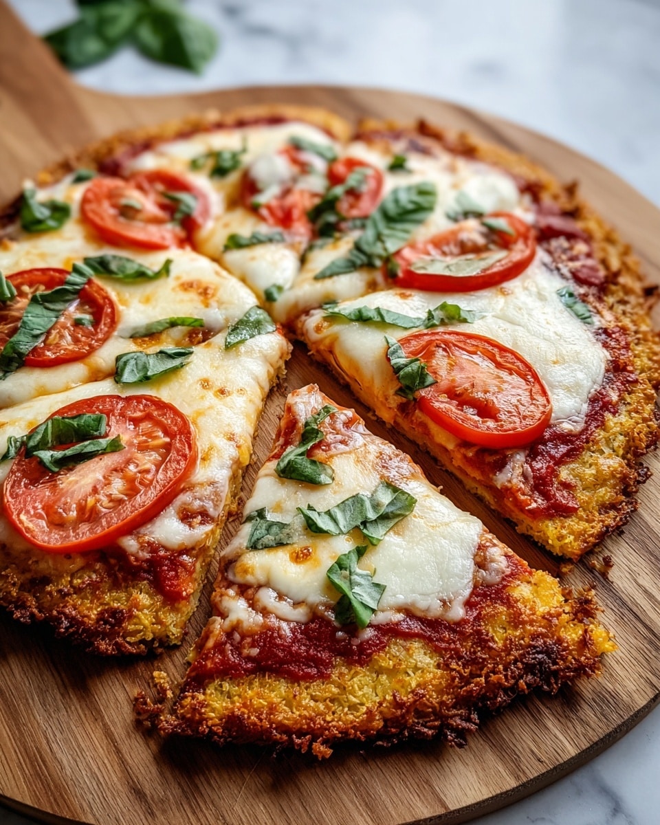 A pizza is shown on a wooden board placed over a white marbled surface. The pizza has three main layers: the bottom layer is a golden-brown crispy crust with a rough, crumbly texture, the middle layer is a red tomato sauce peeking through in spots, and the top layer features melted white mozzarella cheese bubbling in some places, topped with slices of bright red tomato and scattered fresh green basil leaves. The pizza is cut into six slices, with one slice slightly pulled out, revealing the layers clearly. photo taken with an iphone --ar 4:5 --v 7