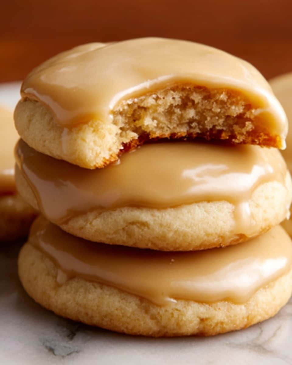 A close-up image shows three round cookies stacked on top of each other on a white marbled surface. The bottom and middle cookies are smooth with a slightly golden color and covered with thick, glossy light caramel-colored icing. The top cookie has a bite taken out of it, revealing a soft, crumbly inside with a golden-brown edge. The icing on the top cookie has a creamy texture that drapes smoothly over the sides. The lighting highlights the shiny surface of the icing and the soft texture of the cookies. Photo taken with an iphone --ar 4:5 --v 7