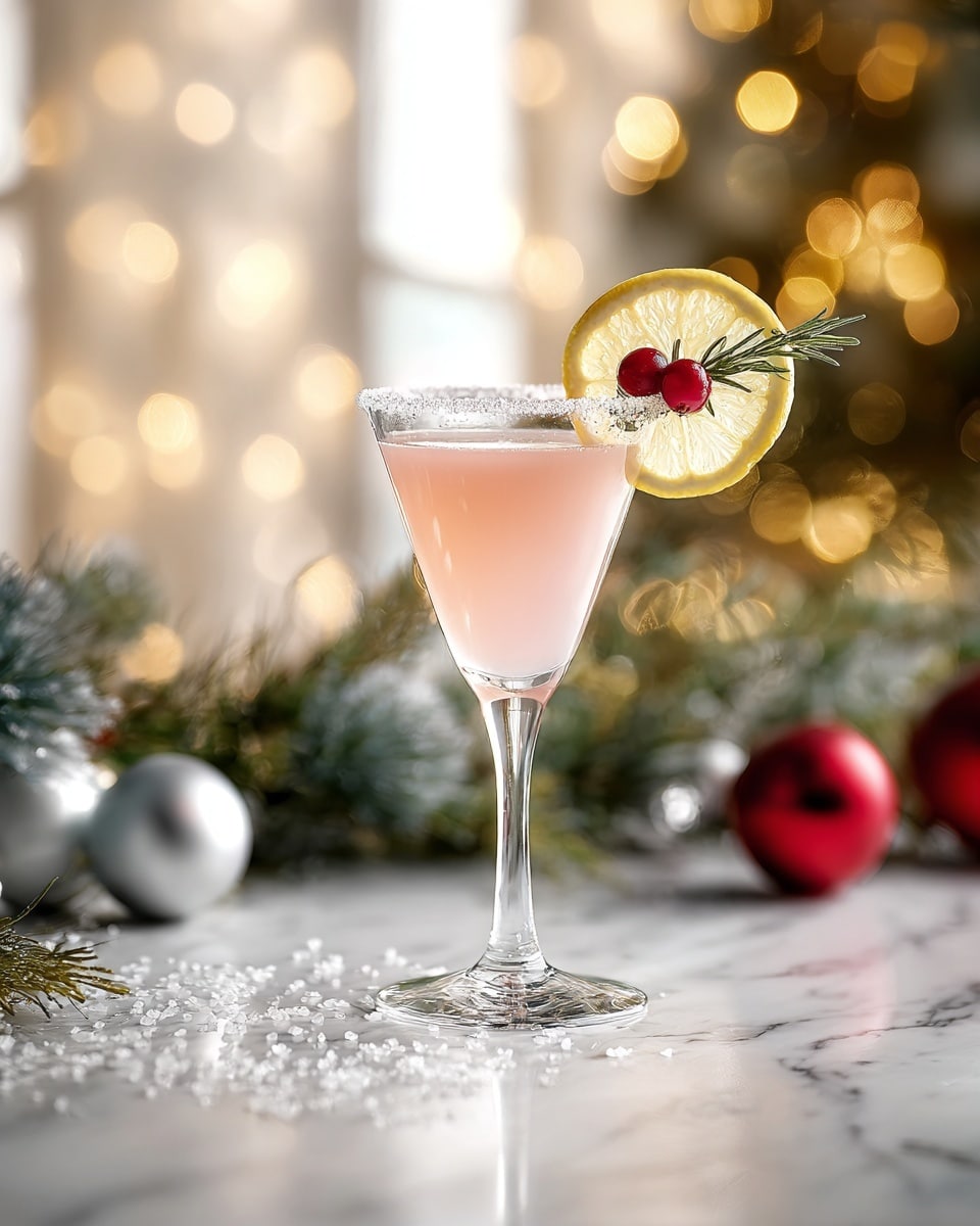 A clear glass with a long stem holds a pale pink drink with a smooth surface and a salted rim that shines with white crystals. On the right edge of the glass sits a lemon slice, bright yellow with visible texture, decorated with two shiny red cranberries and a small green sprig of rosemary extending slightly upward. The glass stands on a white marbled surface that reflects the glass and some salt crystals scattered around its base. The background is soft and blurred with warm golden lights and hints of green pine branches, red ornaments, and silver baubles. Photo taken with an iphone --ar 4:5 --v 7