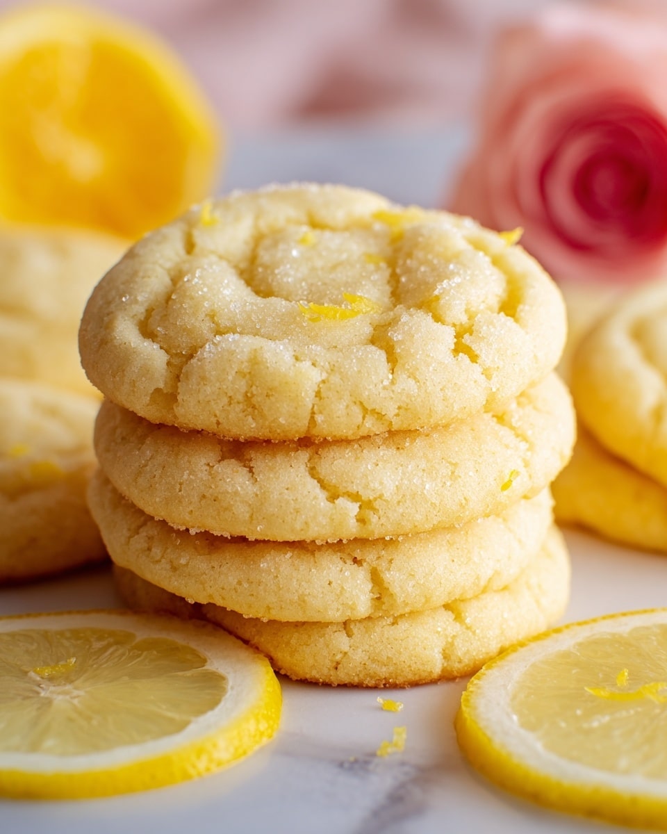 A close-up of a stack of soft lemon cookies with a light golden yellow color and a cracked, slightly textured surface sprinkled with granulated sugar. The top cookie is in the foreground, showing its round shape and a few small bits of lemon zest embedded in it, making it look fresh and moist. Around the cookies are thin slices of lemon with bright yellow rinds and pale translucent centers, placed on a white marbled surface. In the blurry background, there is a soft pink rose and a blurred bright yellow object, adding softness and color contrast to the scene. photo taken with an iphone --ar 4:5 --v 7