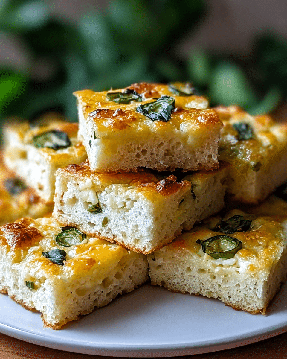 A stack of square focaccia pieces sits on a white plate, each piece showing three layers. The bottom layer is a light golden brown crust with a crumbly texture. The middle layer is thick and creamy with a pale yellow color, likely cheese or batter. The top layer is a golden, slightly bumpy surface with melted cheese and small green basil leaves placed on each square, creating a fresh contrast. The background has a soft focus with green leaves, and the overall image is warm with detailed textures on the bread. Photo taken with an iphone --ar 4:5 --v 7