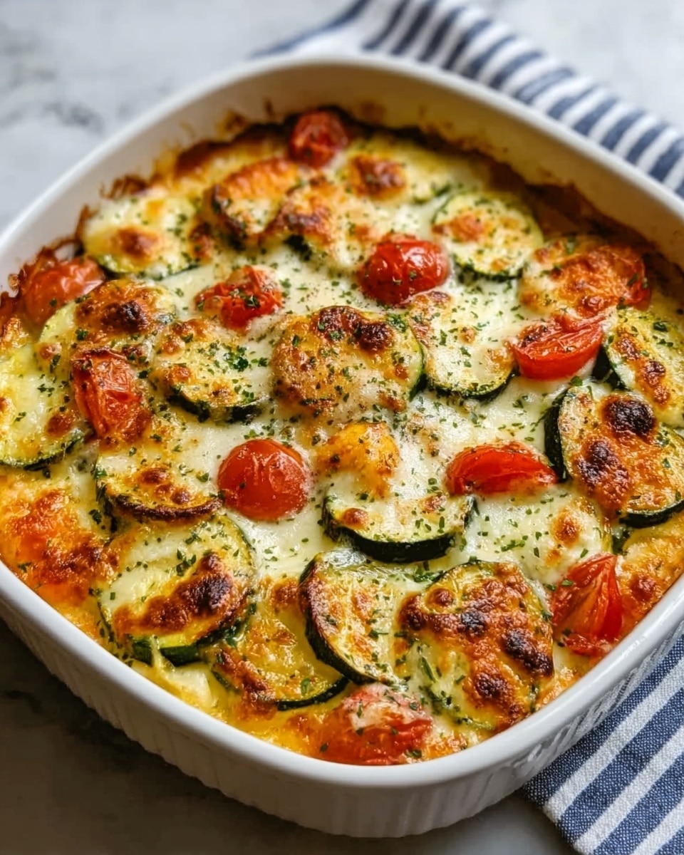 The image shows a white ceramic baking dish filled with a baked casserole. It has layers including sliced green zucchini and red tomato pieces scattered evenly on top. The dish is covered with melted, bubbly golden-brown cheese that has slightly browned spots, giving it a textured, crispy look. The surface of the casserole also has sprinkled herbs for added color and detail. The baking dish rests on a white marbled surface with some striped blue and white cloth visible at the corner. Photo taken with an iphone --ar 4:5 --v 7