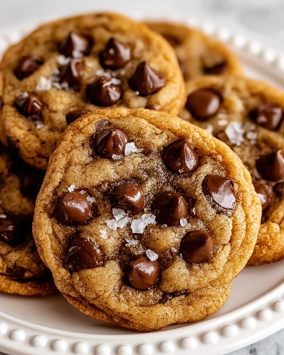 A close-up view of a stack of chewy chocolate chip cookies on a white plate with a dotted rim, each cookie golden brown with a slightly cracked surface and loaded with glossy, dark chocolate chips that are slightly melted, giving a rich texture. A few pieces of coarse salt are sprinkled lightly on top of the front cookie, enhancing its look. The cookies have a soft, dense center and edges with a slight crisp, sitting on a white marbled textured surface. photo taken with an iphone --ar 4:5 --v 7