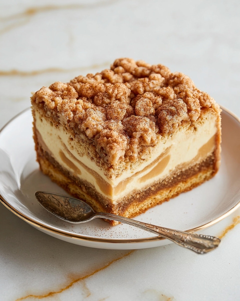 A thick square slice of coffee crumb cake is placed on a white plate with a thin gold rim, sitting on a white marbled surface with gold streaks. The cake has four visible layers: the bottom layer is a dense, medium-brown crumb base, above that is a smooth light beige cream layer with a wave pattern of a slightly darker brown cream intertwined within it. The upper part is a thick, crumbly topping of golden-brown streusel studded with small and large lumps, sprinkled lightly with cinnamon powder. A vintage silver spoon is on the left side of the plate, partially tucked under the cake. photo taken with an iphone --ar 4:5 --v 7