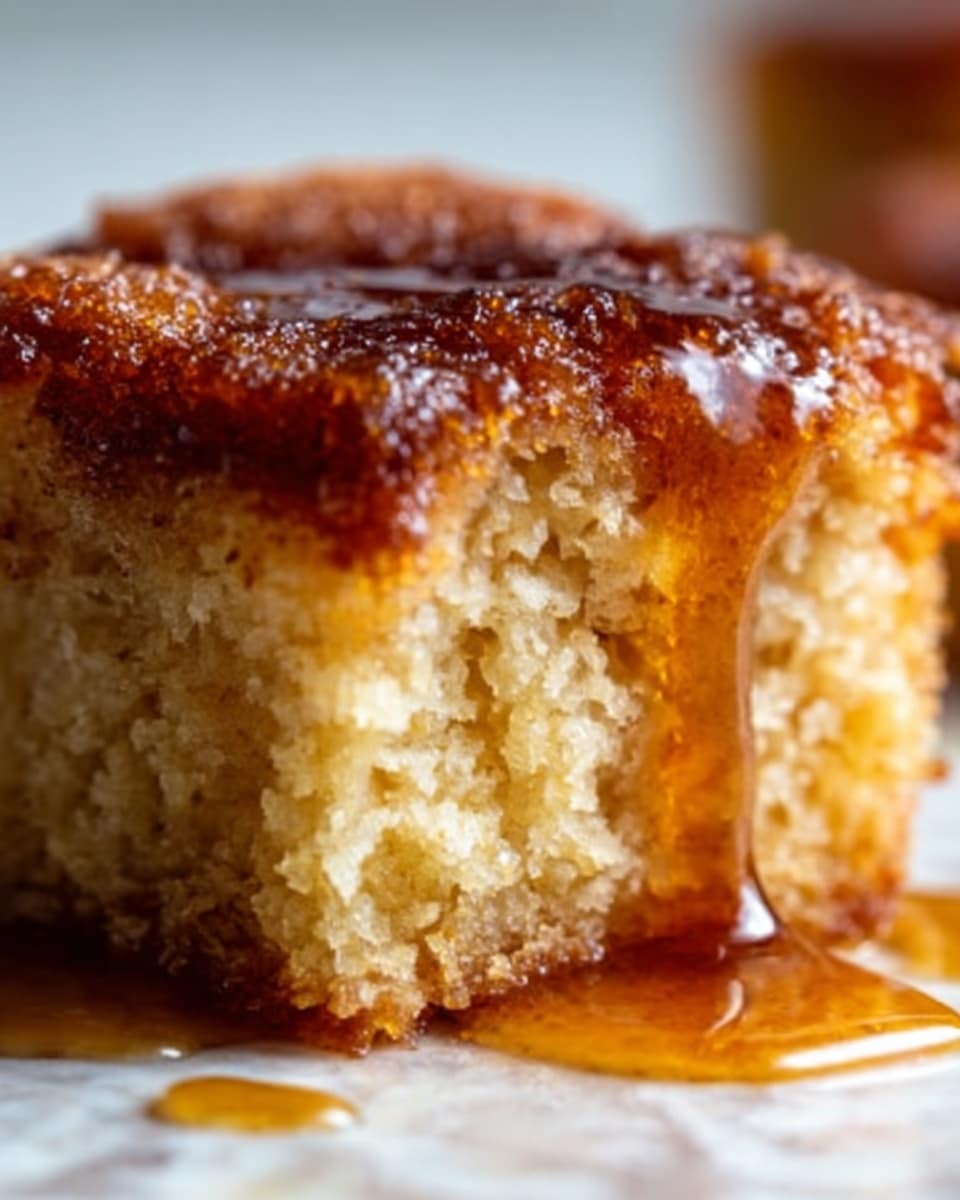 A close-up of a single square piece of soft, light brown cake with a slightly crumbly texture showing inside. The cake’s top layer is darker brown and looks crispy, covered with a sticky, shiny syrup that slowly drips down the sides. The syrup is a rich amber color, adding a glossy shine. The background is a white marble texture, slightly blurred to keep the focus on the cake. Photo taken with an iphone --ar 4:5 --v 7