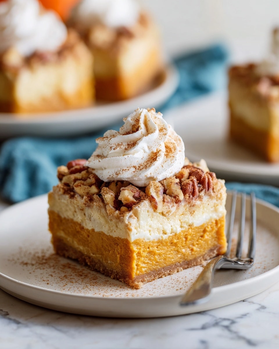 A square slice of layered dessert sits on a white plate over a white marbled surface, with a silver fork to the right. The bottom layer is a dense, smooth, orange-brown pumpkin base. Above it, a thick creamy layer with a light yellow color and a slightly baked texture is topped with chopped pecans that create a crunchy, uneven surface with warm brown tones. On top, a swirl of white whipped cream dusted with a light sprinkle of cinnamon adds a soft, fluffy texture and contrast to the dessert. The background shows blurred similar dessert pieces on white plates, resting on a blue cloth. photo taken with an iphone --ar 4:5 --v 7