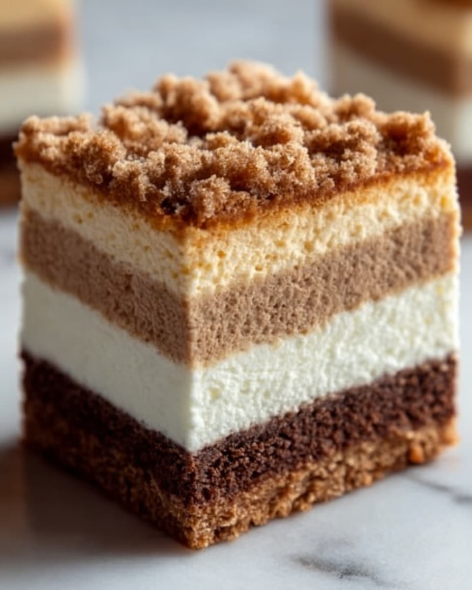The image shows a square cake slice with four clear layers stacked on top of each other. The bottom layer is dark brown with a dense texture, the second layer is light brown and looks smooth and slightly firm, the third layer is thick and white, looking airy and creamy, while the top layer is crumbly with small, uneven brown bits scattered all over. The cake slice is placed on a white marbled surface, and the lighting highlights the soft and crumbly textures on the top versus the firm layers below. photo taken with an iphone --ar 4:5 --v 7