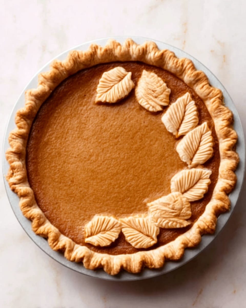 A round pie with a golden-brown crust and a smooth, light brown filling takes up the whole white plate. The crust has a crimped edge that waves gently around the pie. On top of the filling, there are eight small, decorative leaf shapes made from dough, arranged in a curved line from the upper right center toward the bottom center. Each leaf has fine lines that look like veins. The background is a white marbled texture. Photo taken with an iphone --ar 4:5 --v 7