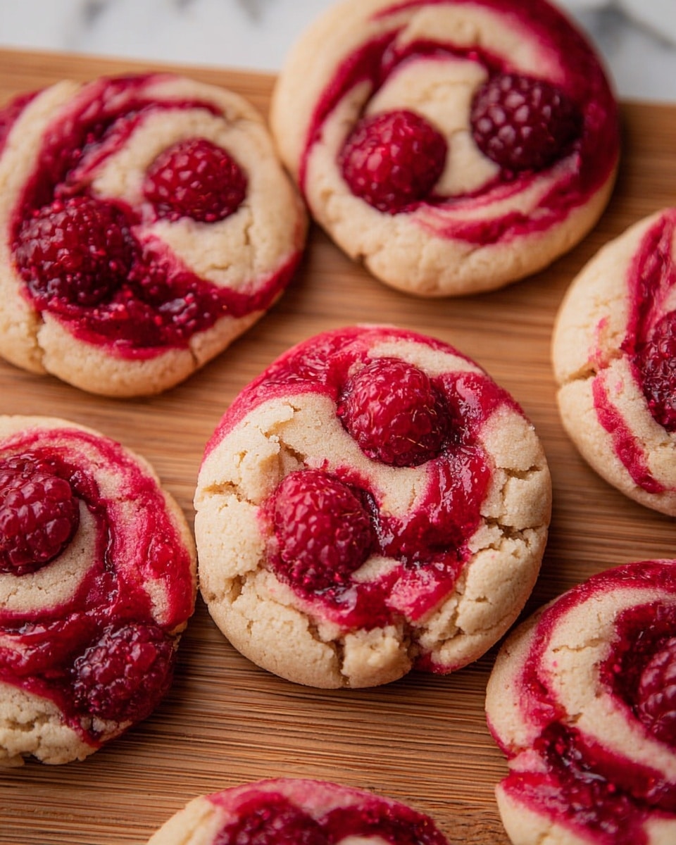 This image shows round cookies with a soft, light beige base that looks slightly cracked and crumbly. Each cookie has a bright, deep red swirl of raspberry jam on top, mixed with whole raspberries that add texture and color contrast. The swirls spread unevenly over the cookie surface, creating a marbled effect where the beige cookie dough meets the glossy, thick raspberry jam. The cookies are arranged closely together on a wooden board, visible beneath them in natural brown tones, but the background is adjusted to a white marbled texture. photo taken with an iphone --ar 4:5 --v 7