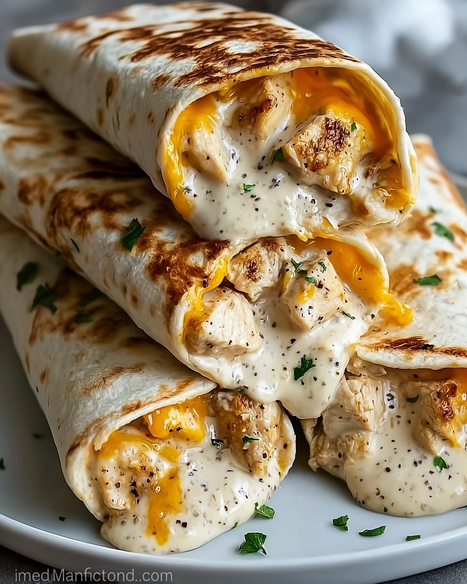 The image shows three grilled tortillas rolled into wraps, each filled with creamy white sauce with black pepper specks, tender chunks of cooked chicken, and melted orange cheddar cheese. The tortillas have light brown char marks, giving a grilled look, and the wraps are stacked on a white plate with a white marbled surface in the background. Small green herb pieces add a touch of color amidst the creamy chicken filling, which looks rich and smooth. Photo taken with an iphone --ar 4:5 --v 7