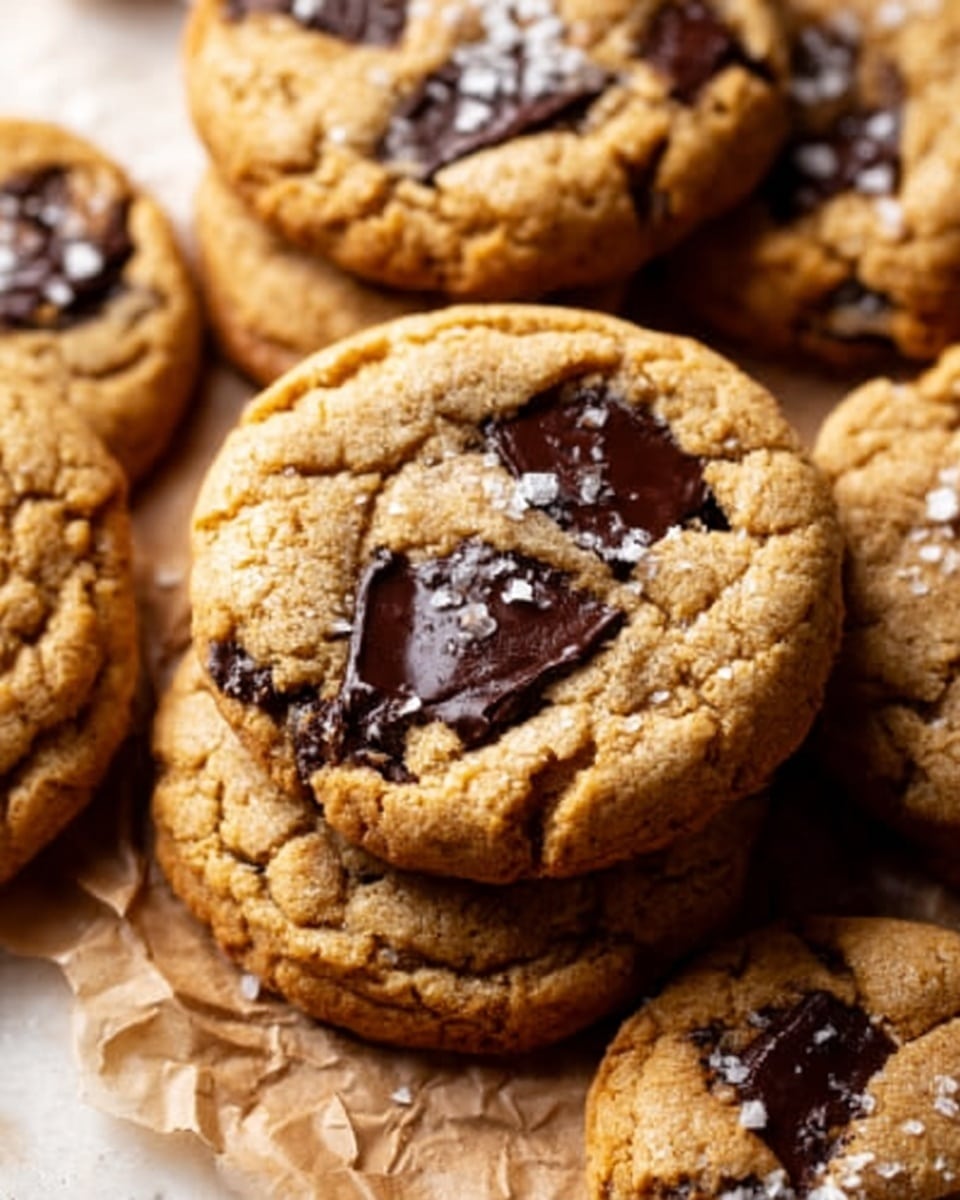 A close-up image of soft, golden-brown cookies stacked on crumpled parchment paper placed on a white marbled surface. The cookies have a slightly cracked texture and are studded with large, glossy dark chocolate chunks and a sprinkling of coarse sea salt on top. The edges are slightly crisp, while the center looks chewy and moist. The warm lighting enhances the rich colors and textures of the cookies. photo taken with an iphone --ar 4:5 --v 7