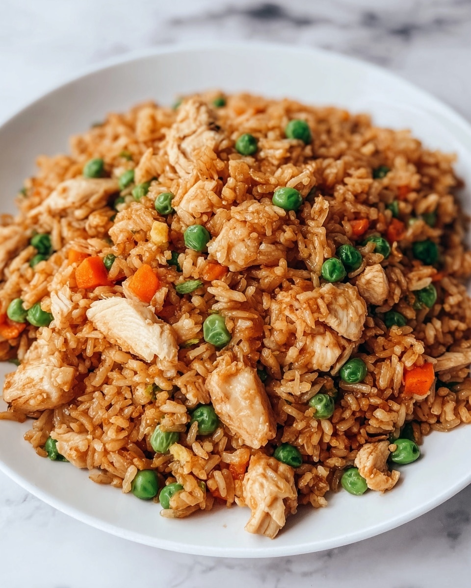 A white plate is filled with a mound of fried rice that has a warm brown color from the sauce mixed into it. The dish is layered with white, tender chicken pieces scattered throughout, bright green peas adding pops of color, and small diced orange carrots. The texture looks soft and slightly oily, with each grain of rice separate but coated evenly. The plate is set on a white marbled surface, giving a clean and fresh look. Photo taken with an iphone --ar 4:5 --v 7
