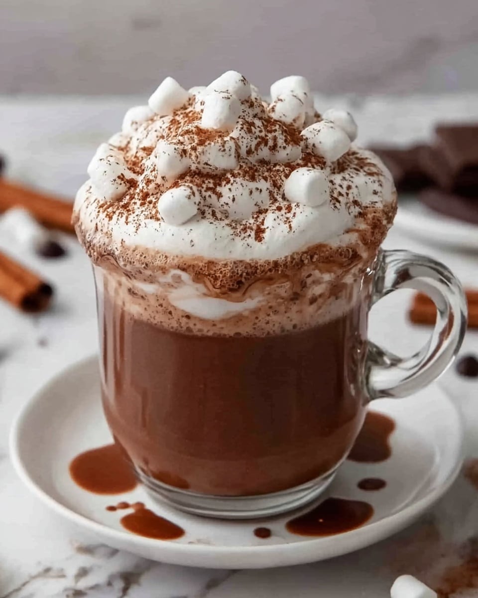 The image shows a clear glass cup with two handles filled with a rich brown hot chocolate. On top, there is a thick layer of white whipped cream, decorated with small marshmallows and sprinkled with brown cocoa powder. The cup sits on a white saucer that has a few drops of chocolate on it. The background is a white marbled texture with some blurred chocolate pieces and cinnamon sticks around the cup. Photo taken with an iphone --ar 4:5 --v 7