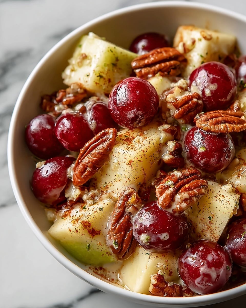 The image shows a close-up of a fruit and nut mix in a white bowl, placed on a white marbled surface. The mixture has three main layers: shiny red grapes that are round and smooth, pale yellow apple chunks with soft green hints, and rich brown pecan halves with a crunchy texture. Some walnut pieces with a lighter brown color and irregular shapes are scattered throughout. The fruits and nuts are dusted with a light layer of brown spice, creating a warm and inviting look. Photo taken with an iphone --ar 4:5 --v 7