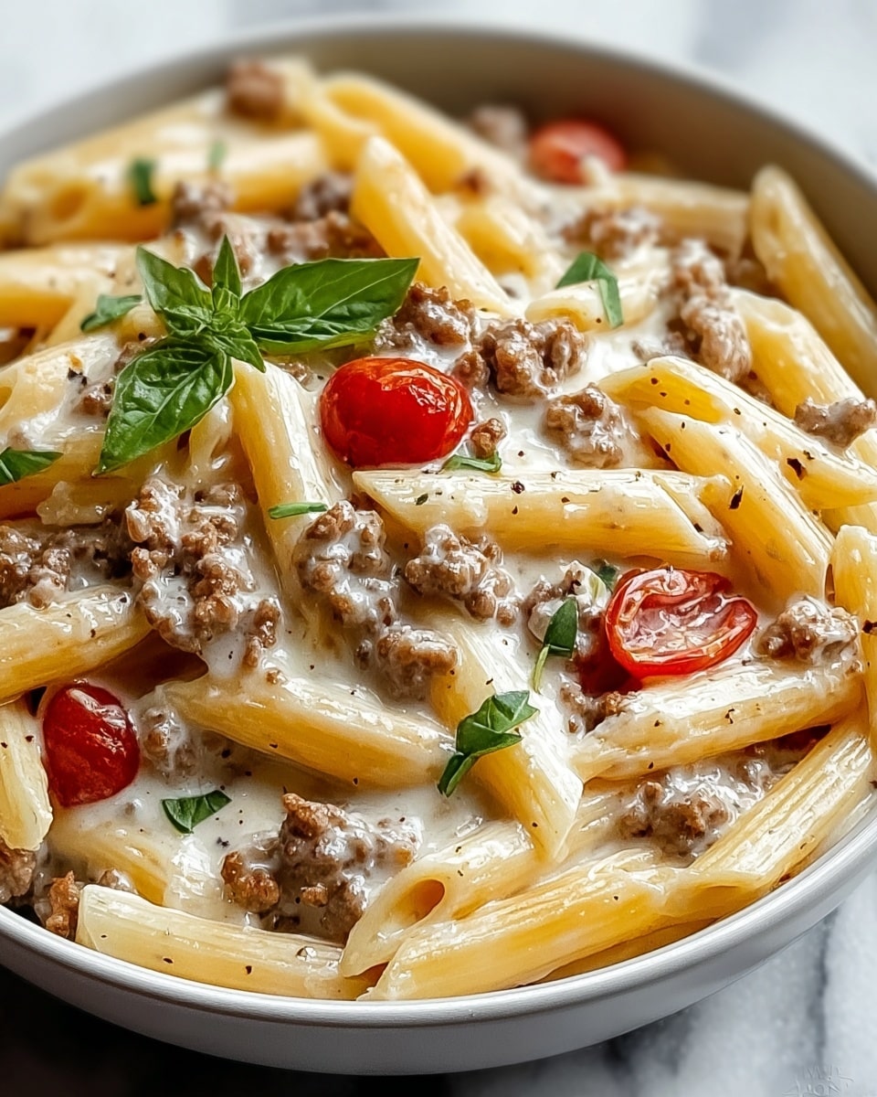 A close-up view of a white bowl filled with creamy penne pasta layered with small pieces of browned ground meat scattered evenly throughout. The pasta is coated in a smooth, thick white sauce that glistens under the light, with flecks of black pepper visible. Bright red cherry tomato pieces add a pop of color, and small green herb leaves are sprinkled on top, adding a fresh accent. The bowl sits on a white marbled surface, enhancing the dish's warm tones. photo taken with an iphone --ar 4:5 --v 7