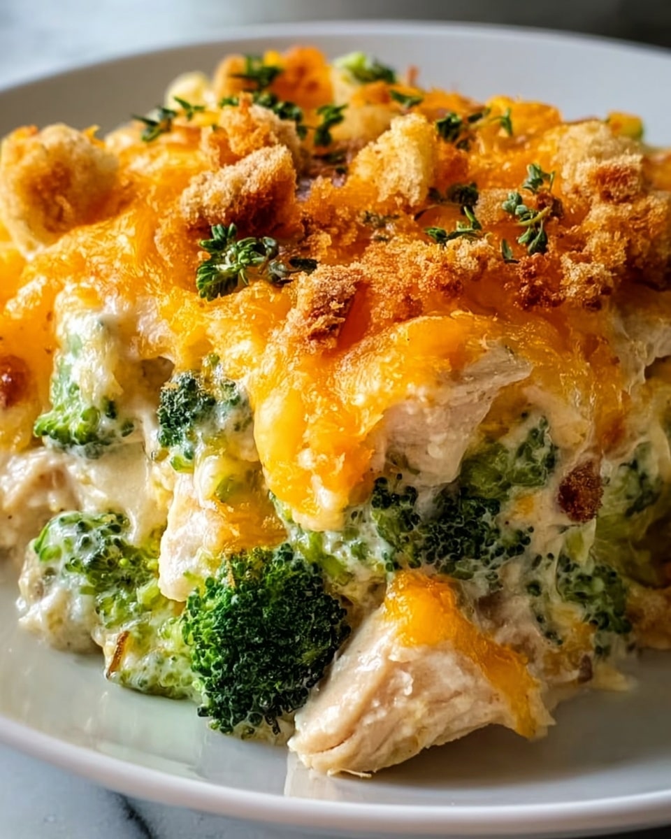 The image shows a close-up of a creamy casserole on a white plate, set on a white marbled surface. The dish has a base layer of large, white chicken pieces mixed with bright green broccoli florets. On top, there is a thick layer of melted orange cheese with a slightly crispy texture and small brown, crunchy bits scattered across. The casserole is garnished with tiny green herbs, adding a fresh touch to the warm, cheesy dish. Photo taken with an iphone --ar 4:5 --v 7