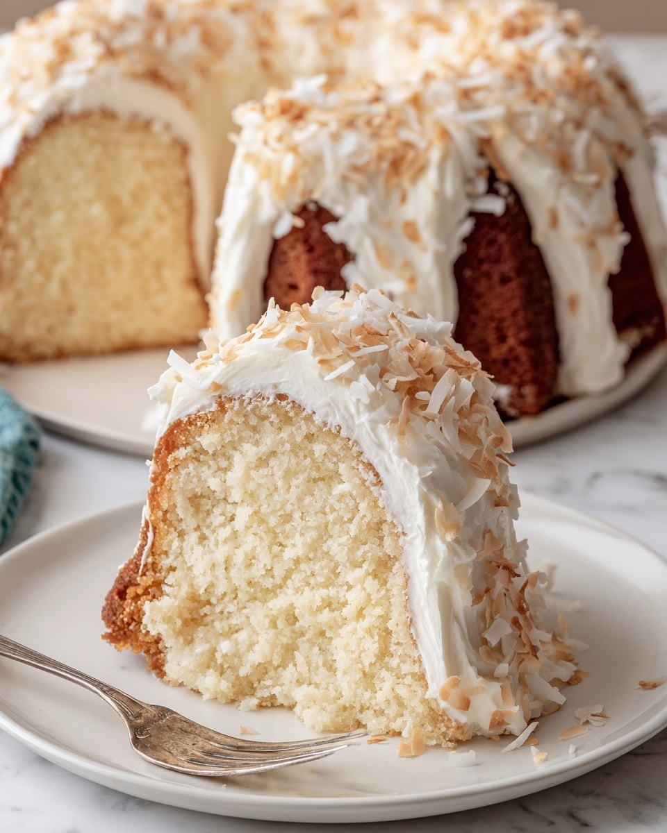 A thick slice of light golden bundt cake with a soft, moist texture sits on a white plate. The cake is topped with a thick layer of creamy white frosting that covers the top and edges, sprinkled generously with toasted coconut flakes that add texture and color contrast. Behind the slice, the remaining bundt cake is visible, showing the same layers of light cake and white frosting with coconut flakes on top. A silver fork rests on the plate next to the slice, and the whole scene is set against a white marbled surface. photo taken with an iphone --ar 4:5 --v 7